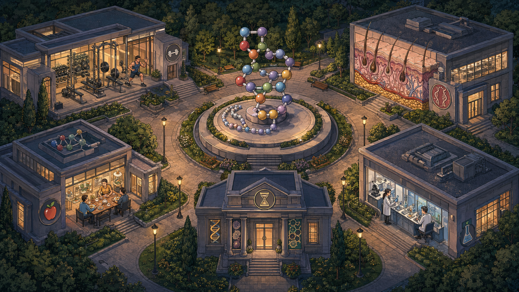 Illustrated peptide learning hub campus with performance, metabolic, foundations, skin repair, longevity, and research wings