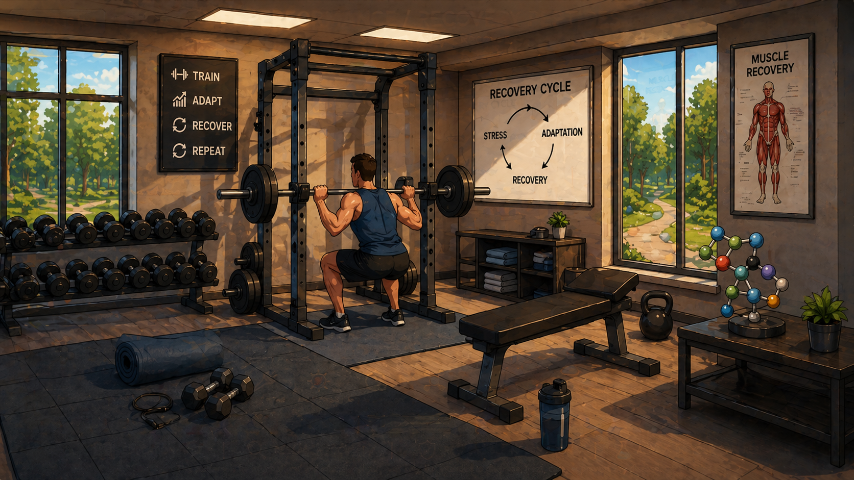 Illustrated performance and recovery lab with athlete training, peptide models, research boards, and recovery stations