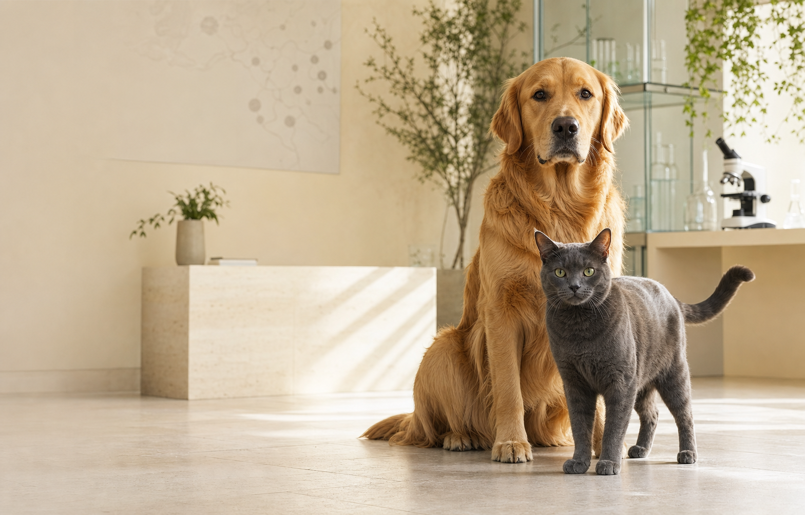 A golden retriever and gray cat in a warm modern veterinary research studio